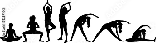 Silhouette set of a pregnant woman doing exercise wearing leggings and a top. Vector flat style illustration isolated on white. Full-length view	