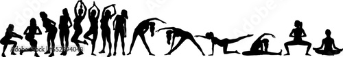 Silhouette set of a pregnant woman doing exercise wearing leggings and a top. Vector flat style illustration isolated on white. Full-length view	