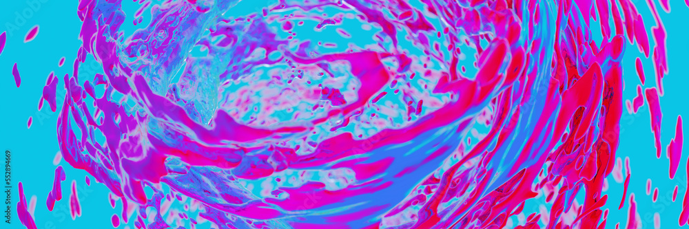 Multicolored abstract liquid is splashing into the air in a vortex in frozen motion, blue and red shades of color