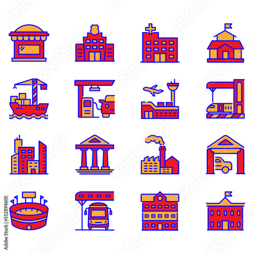 Set of vector icons related to buildings. Vector illustrations such as ports, offices, stations and more with full editable colors.