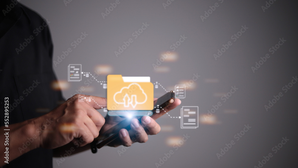 Uploading documents from folder. Open File folder with flying blank documents. Data transfer backup, File Sharing, Document Transferring concept Uploading documents from folder. Open File folder with flying blank documents. Data transfer backup, File Sharing, Document Transferring concept