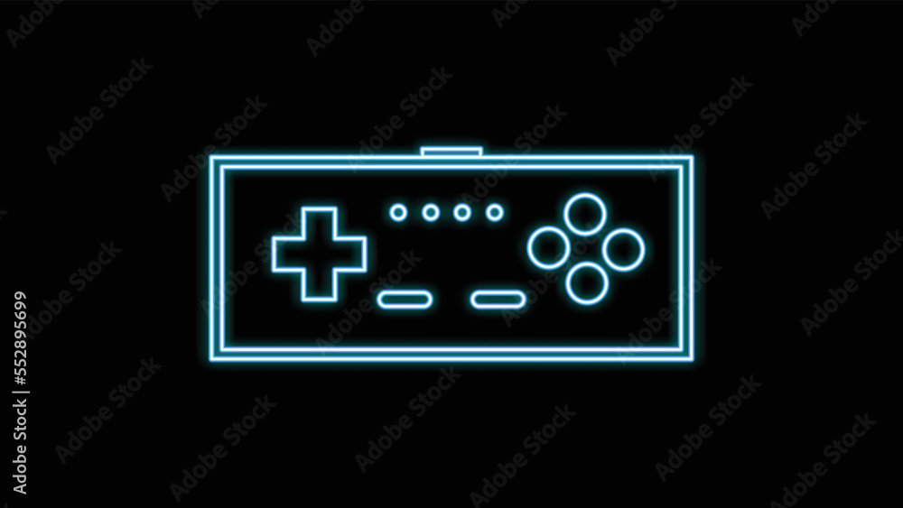 Blue neon glowing joystick with buttons for video game console old retro vintage from 70s, 80s, 90s on black background. Vector illustration. Blue neon glowing joystick with buttons for video game console old retro vintage from 70s, 80s, 90s on black background. Vector illustration.