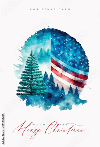 Christmas patriotic card with tree colored in USA flag. Merry Christmas lettering and flag of USA watercolor style. Happy new year America