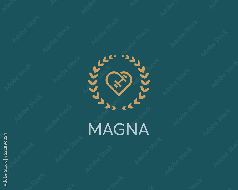 Fototapeta premium Heart dumbbell emblem. Linear love medicine logotype. Universal sport fitness gym workout icon. Vector illustration.