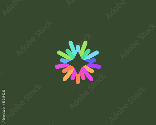 Four pointed star with rainbow lines rays around logo. Minimalist night sign. Flat rating award vector icon logotype. Vector illustration.