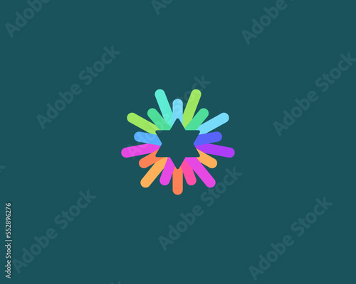 Abstract six pointed star with colorful lines, rays logo. Universal jewish judaism sign. Vector illustration.