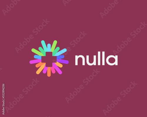 Cross with rainbow lines rays around logo. Minimalist plus sign. Flat clinic pharmacy healthcare vector icon logotype. Vector illustration.