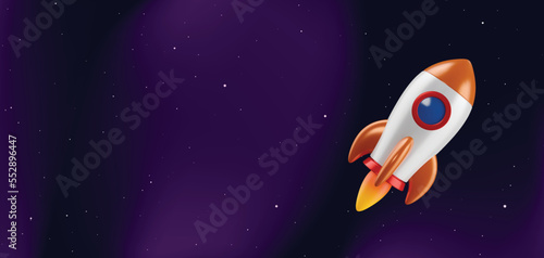 Cartoon vector rocket on dark space background. Flying spaceship with flame from engine.