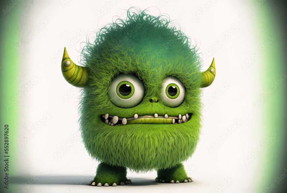 Monster with green fur and a white backdrop. isolated instance. Generative AI Monster with green fur and a white backdrop. isolated instance. Generative AI