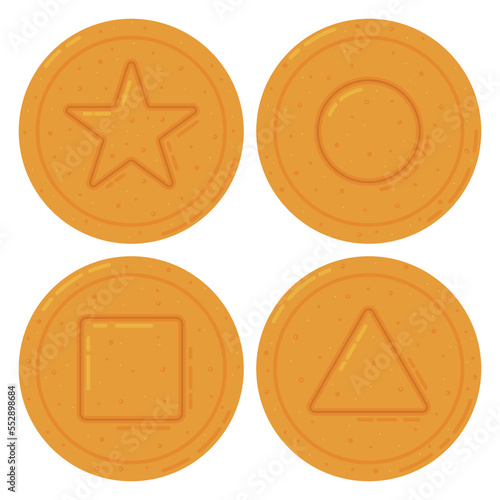 Set of Korean Dalgona Candy Square, Triangle, Star and Circle Shape. Sugar Honeycomb