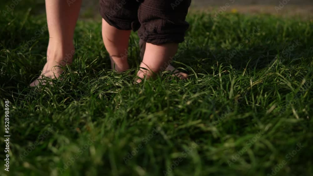 Baby Takes First Steps On Green Grass. Happy Young Cheerful Mother With Adorable Infant Baby Playing Outdoors With Love In Backyard Garden. Little Children With Parents. Family, Nature Ecology Concept Baby Takes First Steps On Green Grass. Happy Young Cheerful Mother With Adorable Infant Baby Playing Outdoors With Love In Backyard Garden. Little Children With Parents. Family, Nature Ecology Concept