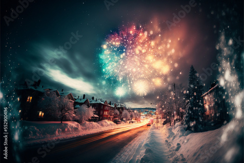 Colorful Fireworks in big city  Christmas Celebrate landscape greeting Card  AI Generated  Artificial Intelligence