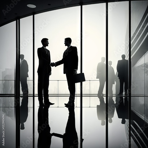 Illustration of Two Business Men Shaking Hands In AN Office Wearing Suits, Negotiation 