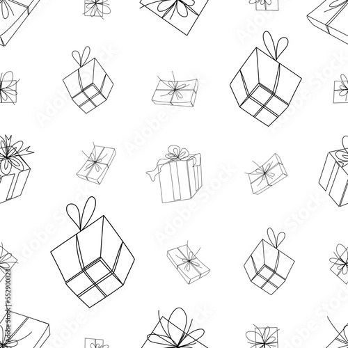Seamless pattern in doodle style. Flying gift boxes. Design for wrapping paper, package. Christmas, birthday, valentines, married decorations. Vector illustration.