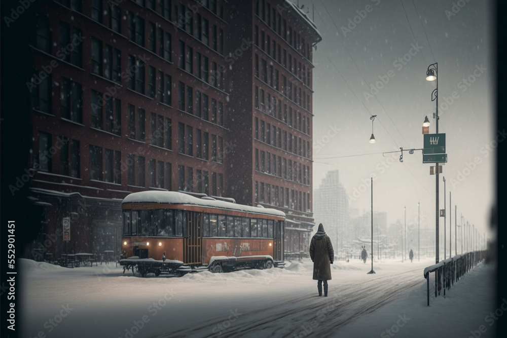 Człowiek stojący przed tramwajem w mieście zimą - obrazy, fototapety, plakaty 