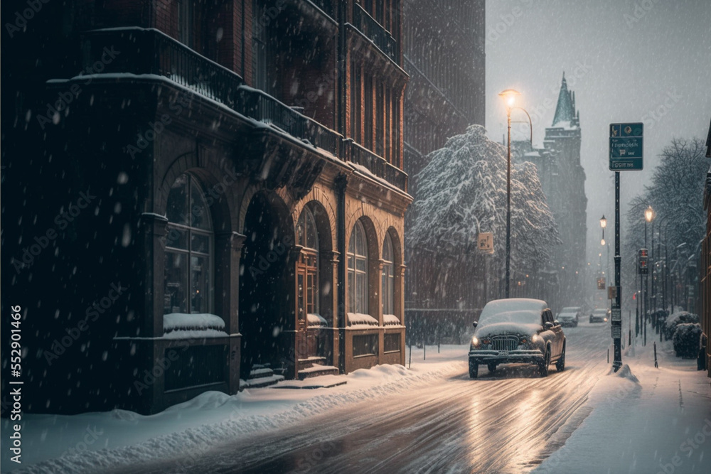 Samochód jadący przez zaśnieżoną ulicę
