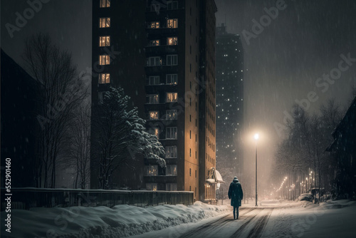 Mężczyzna idący przez zaśnieżone osiedle