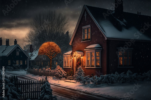 Fototapeta Dom w spokojnej okolicy przy zaśnieżonej drodze