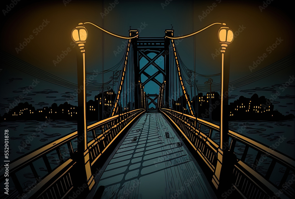 Fototapeta premium a nighttime high angle image of a lit suspension bridge. Generative AI