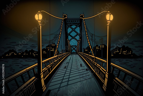 a nighttime high angle image of a lit suspension bridge. Generative AI