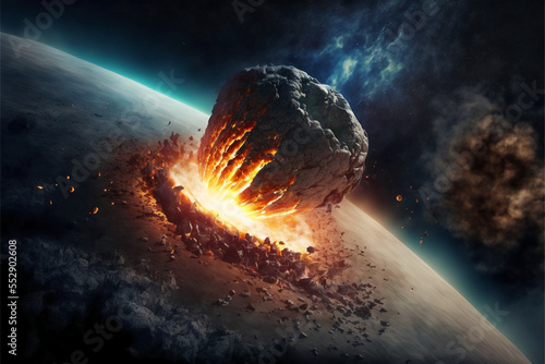 Large asteroid crashes into Earth violently. Created with Generative AI Technology