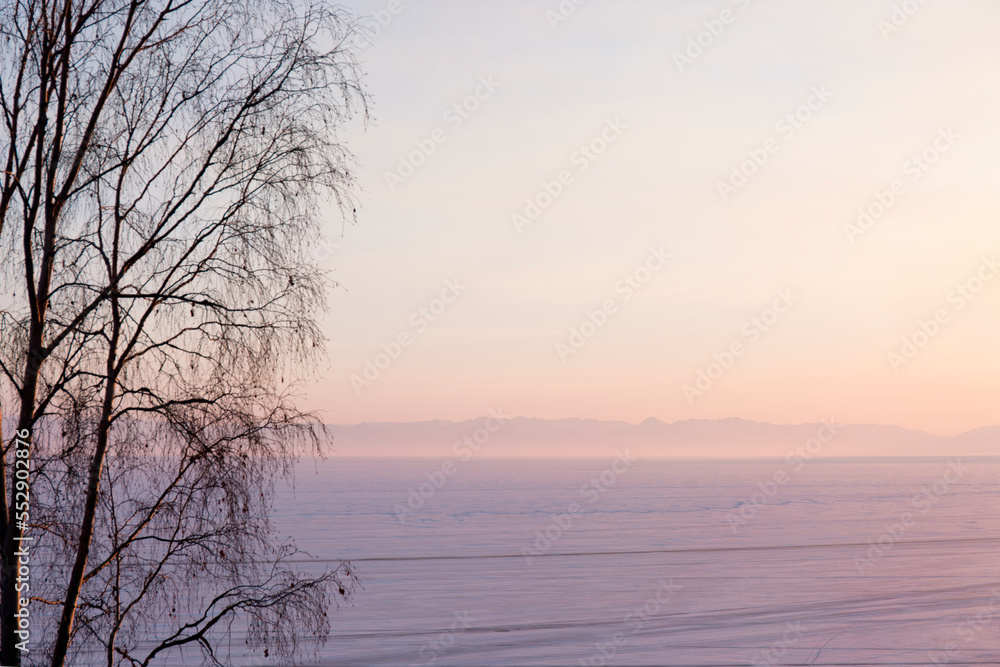 Silhouettes of Trees Against the Backdrop of a Sunset on a Frozen Winter Lake. Silhouettes of Trees Against the Backdrop of a Sunset on a Frozen Winter Lake.