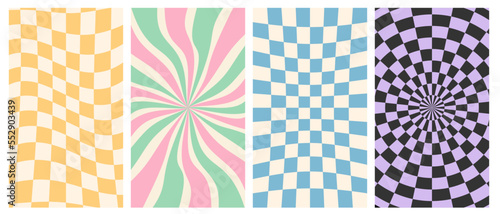 Groovy hippie 70s vector backgrounds set. Chessboard and twisted patterns. Backgrounds in trendy retro trippy styleTwisted and distorted vector texture in trendy retro psychedelic style