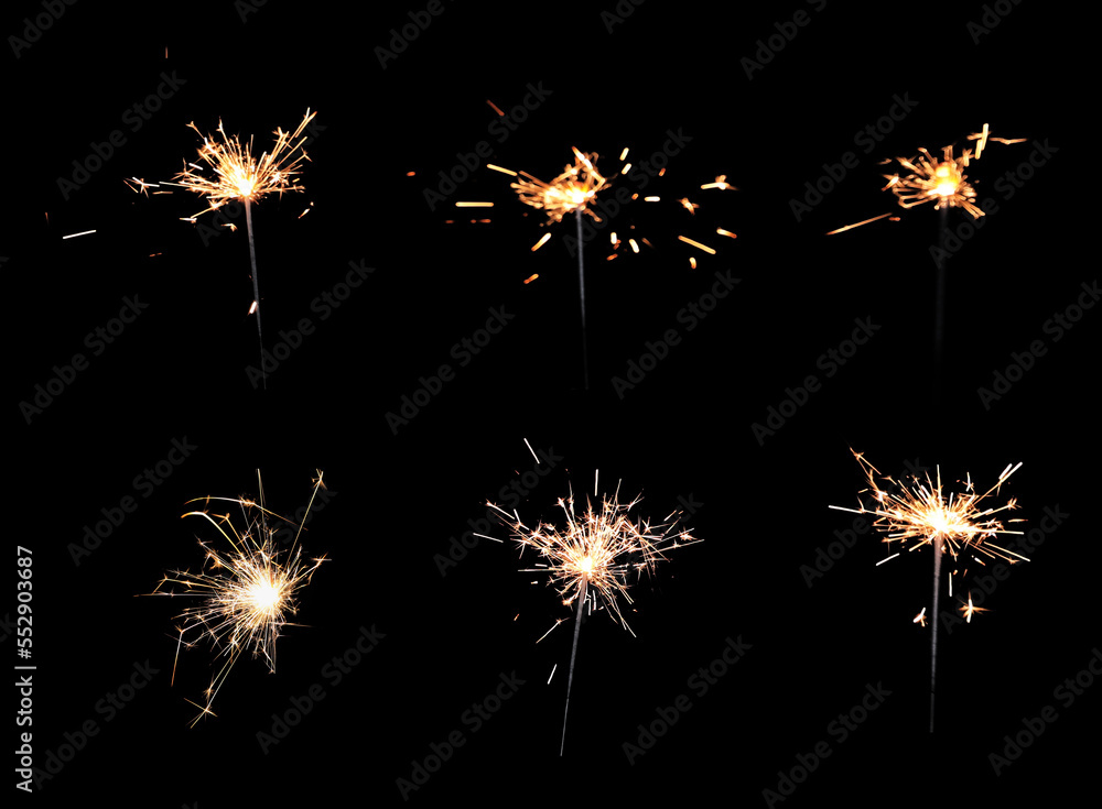 Fototapeta premium Collage with bright burning sparklers on black background