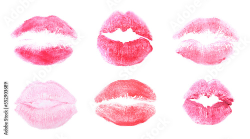 Set with lipstick kiss marks on white background  top view