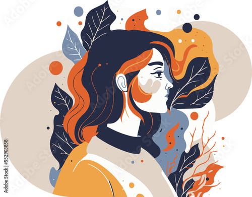 Calming Woman face with beautiful hair on an abstract background with leaves and nature, colorful and calming