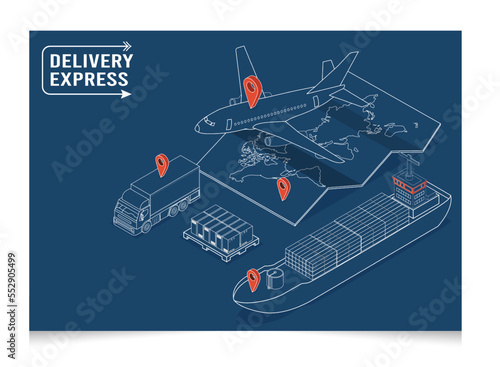 3D isometric Set of logistics solutions concept with Global Logistics, Warehouse Logistics, Maritime Transport, Online delivery, Export and Import. Vector illustration eps10