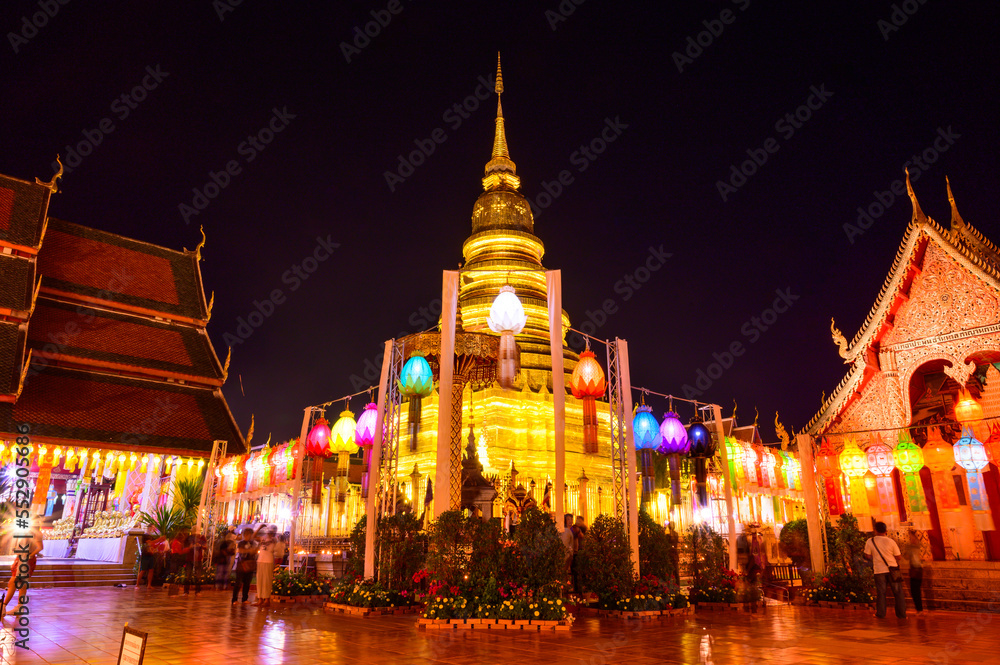 Phra That Hariphunchai Temple during Lamphun Saen Duang Lantern Festival in Lamphun Province