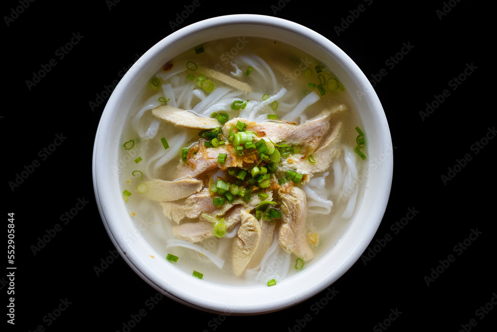 Traditional vietnamese soup Pho ga with chicken on black background - obrazy, fototapety, plakaty 