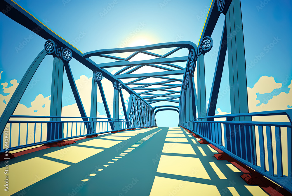 Sunny day low angle view of a large blue metal bridge. Generative AI