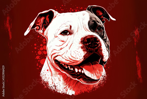American bulldog in cheerful, smiling portrait, isolated on red backdrop. Generative AI