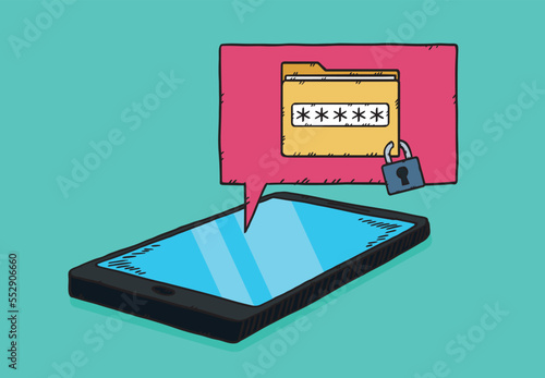 The folder file displayed on the cloud from the phone is protected by a password. Data protection. Hand-drawn vector illustartion.
