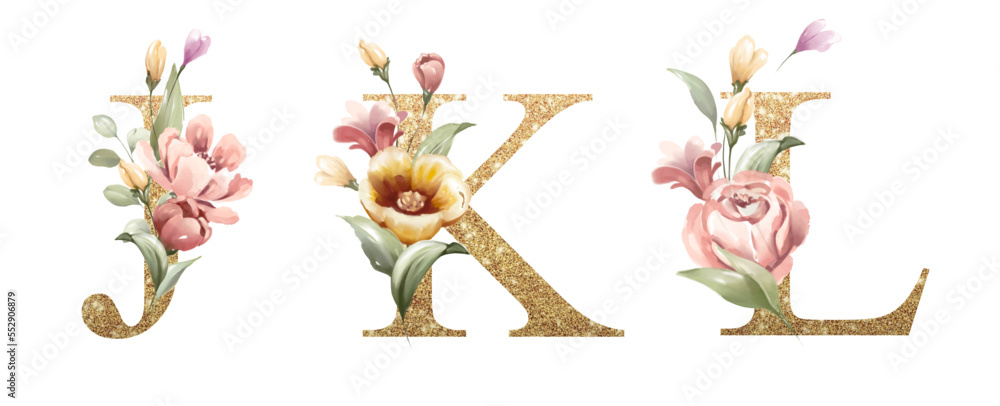 Golden alphabet set of J, K, L, with flowers and leaves watercolor for logo, wedding invitation, card, branding, initial, other concept ideas. Golden alphabet set of J, K, L, with flowers and leaves watercolor for logo, wedding invitation, card, branding, initial, other concept ideas.