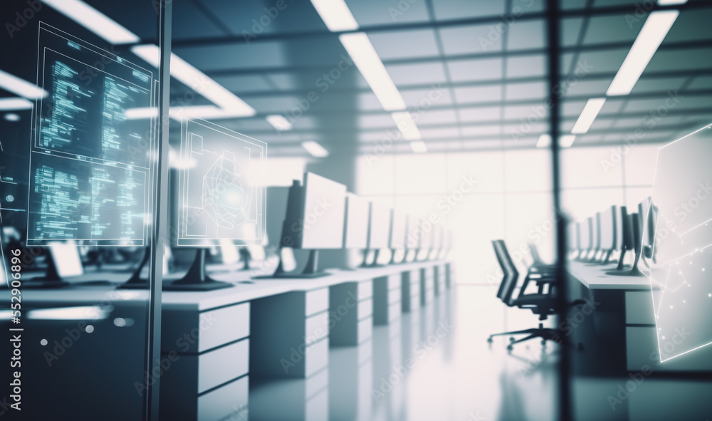 Modern furnished blurred office interior background with digital hologram, technological schemes. Science and technology concept. Used for business presentations, banners. Modern furnished blurred office interior background with digital hologram, technological schemes. Science and technology concept. Used for business presentations, banners.