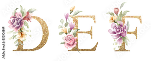 Golden alphabet set of D, E, F, with flowers and leaves watercolor for logo, wedding invitation, card, branding, initial, other concept ideas. 