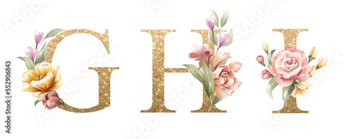 Golden alphabet set of G, H, I, with flowers and leaves watercolor for logo, wedding invitation, card, branding, initial, other concept ideas.