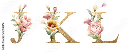 Golden alphabet set of J, K, L, with flowers and leaves watercolor for logo, wedding invitation, card, branding, initial, other concept ideas. 