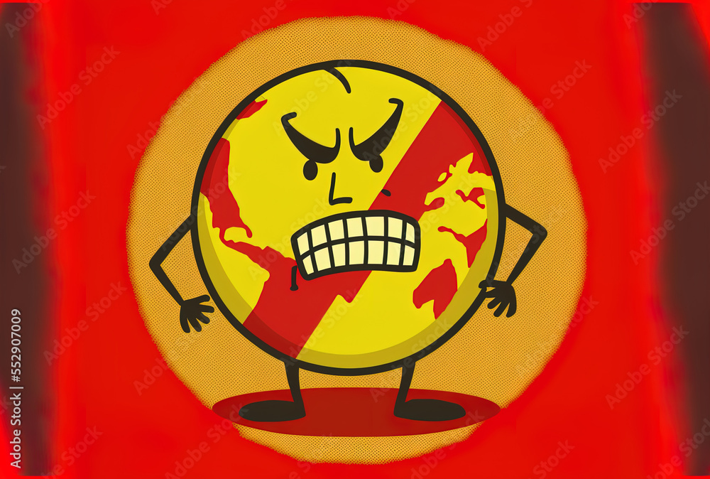 Character mascot of the Earth globe figure with a red forbidden or prohibition sign against a yellow backdrop. Generative AI