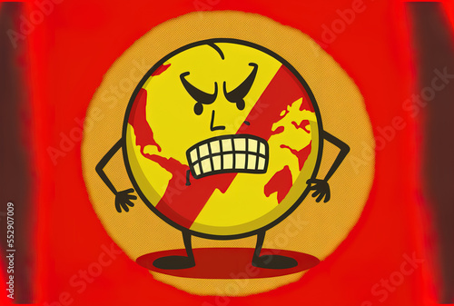 Character mascot of the Earth globe figure with a red forbidden or prohibition sign against a yellow backdrop. Generative AI