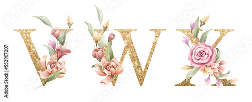 Golden alphabet set of V, W, X, with flowers and leaves watercolor for logo, wedding invitation, card, branding, initial, other concept ideas. 