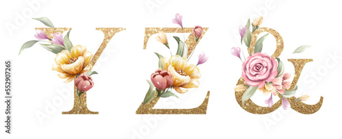 Golden alphabet set of Y, Z, &, with flowers and leaves watercolor for logo, wedding invitation, card, branding, initial, other concept ideas. 