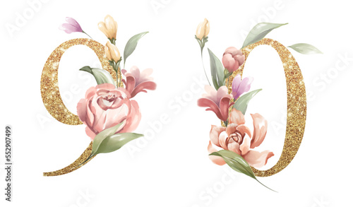 Golden numbers set of 9, 0, with flowers and leaves watercolor for logo, wedding invitation, card, branding, initial, other concept ideas. 