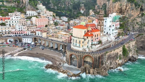 Italian riviera on Amalfi coast in the Mediterranean region, aerial view of colourful village of Amalfi, tourism or vacations in Italy photo