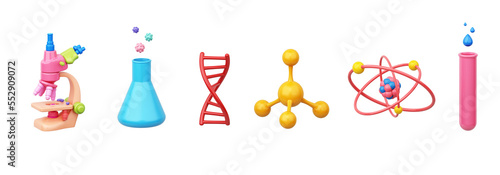 3D object model set is microscope, beaker, DNA Helix, molecule, atom, test tube for experiments and equipment in science, medical, learning creative. style cartoon kid. clipping path. 3D Illustration.