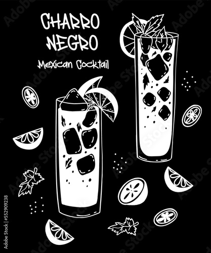 Mexican cocktail Charro Negro. White chalk line on black background. Two glasses with alcoholic Latin American drinks with ice cubes and lime pieces. Vector isolate hand drawing doodles