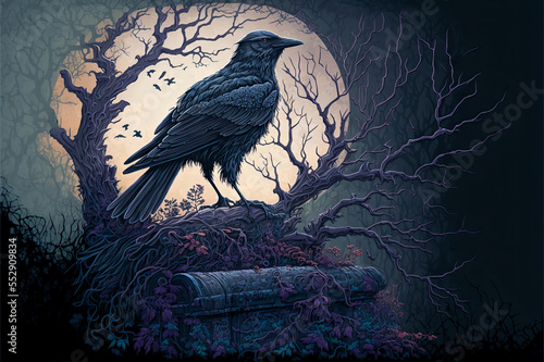 Stylized Raven in Graveyard Silhouetted by Moonlight photo